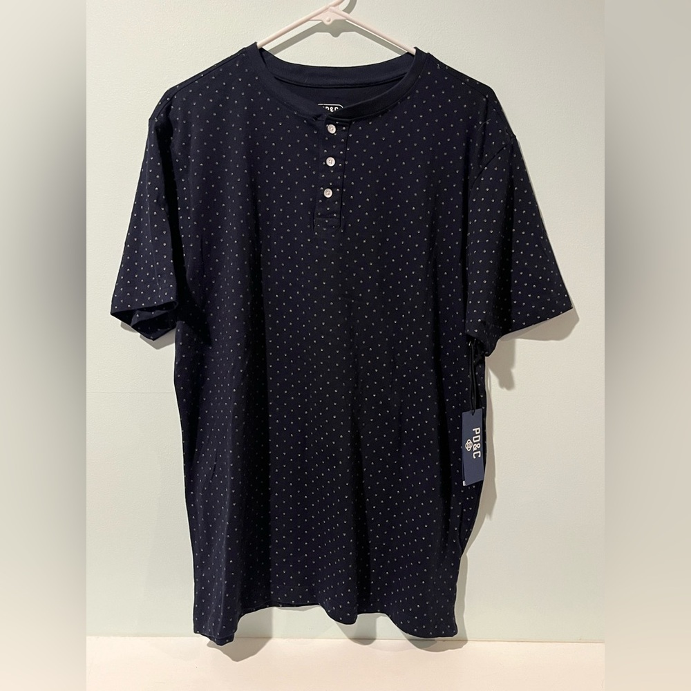 PD&C Navy Blue Patterned Short Sleeve The Athletic Tee Soft Touch, Size Large